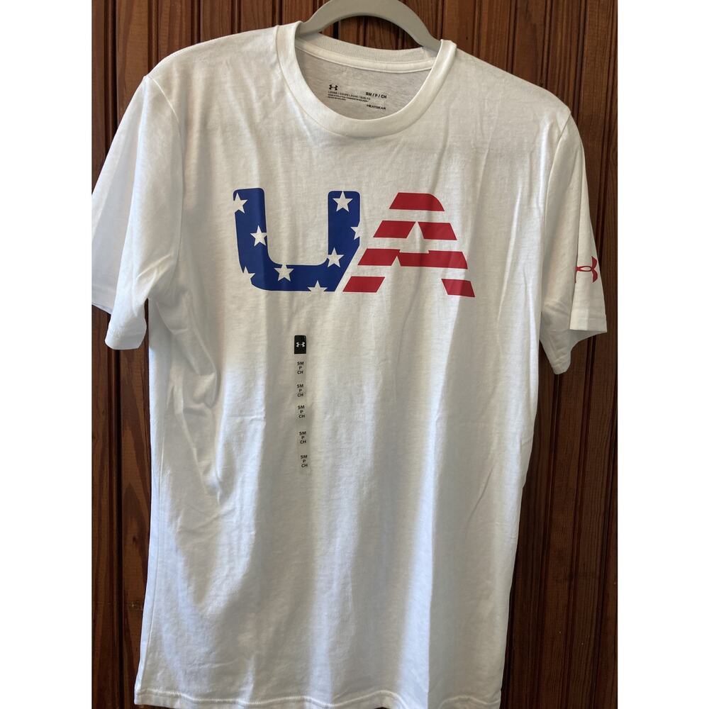 Under Armour UA Star & Stripes HeatGear White T-Shirt Loose Fit Men’s Size Small